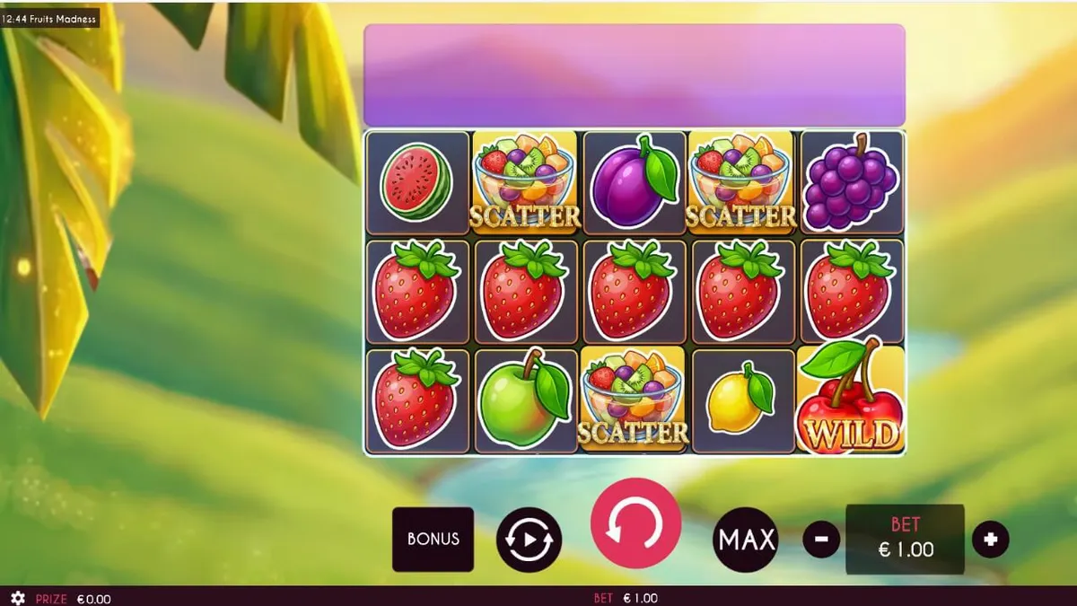 Tampilan visual slot Fruits Madness dengan simbol buah yang cerah dan fitur bonus yang menarik.