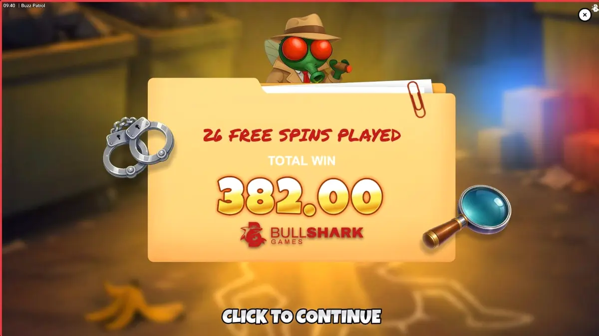 Tampilan visual slot Buzz Patrol dengan karakter lalat polisi kartun